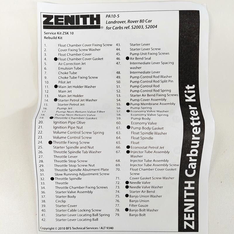 Carburettor repair pack Solex 40PA10 1958-67
